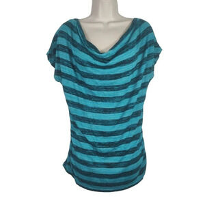 My Michelle Draped Neck Blue Striped Knit Top Women Size XL Lace Short Sleeve